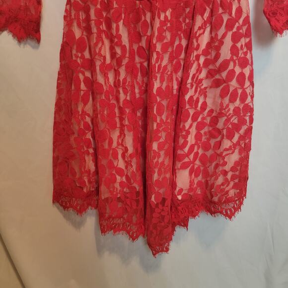 Free People Cherry Red Floral Mesh Lace 3/4 Sleeve Mini Bodycon Dress Size 0 - Picture 7 of 12
